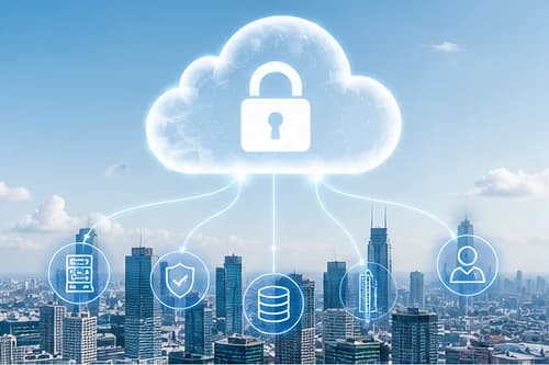 Conceptual graphic of a padlocked cloud above a city skyline linked to data, identity and application icons