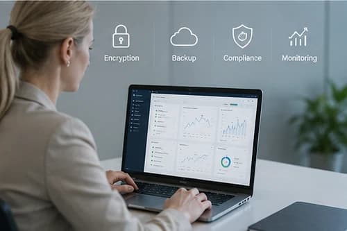 Analyst at a laptop with overlaid labels reading encryption, backup, compliance and monitoring