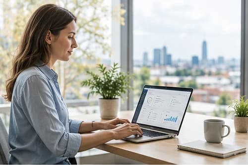 Employee working in a cloud application dashboard on a laptop at a bright desk with a city view behind