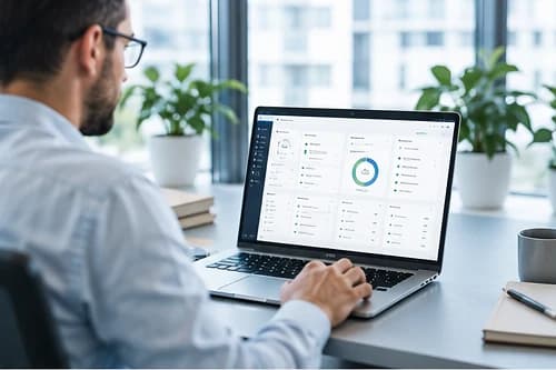 Administrator reviewing a SaaS activity and policy monitoring dashboard on a laptop in an office