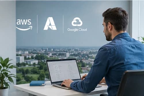 Engineer working on a laptop in an office with major cloud provider logos displayed on the wall behind