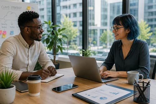 Two colleagues talking across a desk with a laptop between them and a whiteboard behind headed cloud strategy with security and backup steps sketched out