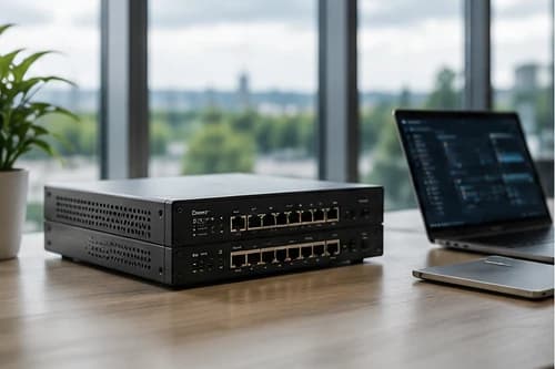 Compact managed network appliance on a desk beside a laptop in a bright office