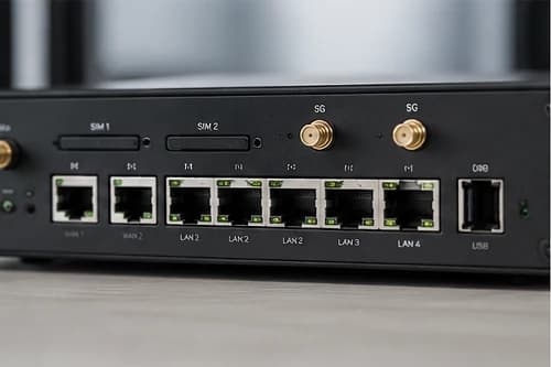 Close-up of an edge appliance rear panel showing dual SIM slots, 5G antenna connectors and LAN ports