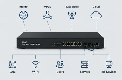 Diagram of an edge security gateway with internet, MPLS, mobile backup and cloud links above and LAN, Wi-Fi, users, servers and IoT devices below