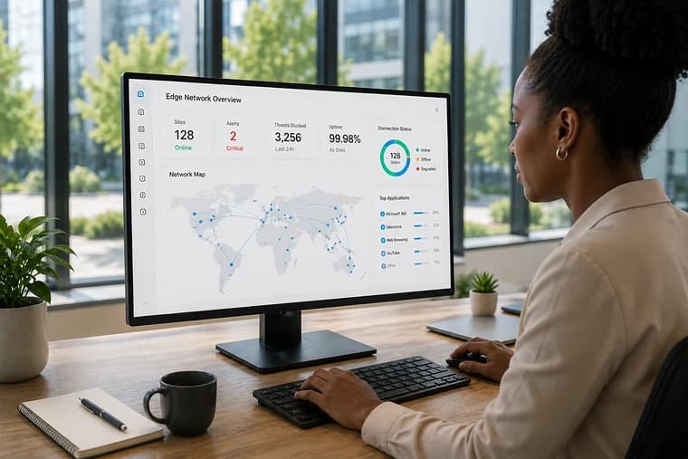 Analyst at a large monitor showing an edge network overview with site counts, availability figures and a world map