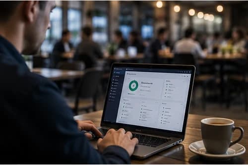 Employee working on a laptop showing a secure session in a busy cafe with a coffee cup beside them