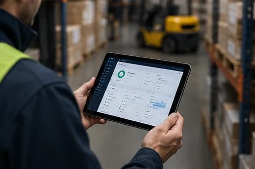 Warehouse worker in a high-visibility jacket checking a network status portal on a tablet between racking