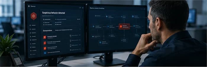 Analyst studying two monitors showing a behavioural alert and a device event timeline
