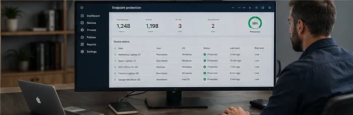 Monitor showing an endpoint protection console with fleet counts and a per-device status table