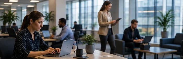 Employees working on laptops and tablets across an open-plan office, one walking through with a tablet