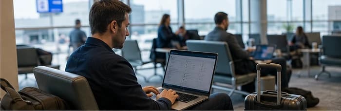 Traveller working on a laptop in an airport departure lounge with luggage beside the seat