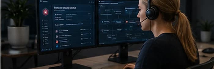Security analyst wearing a headset at dual monitors reviewing a behavioural alert