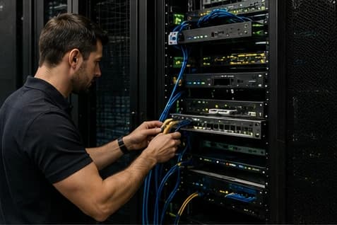 Technician patching coloured network cables into a firewall appliance mounted in a server rack