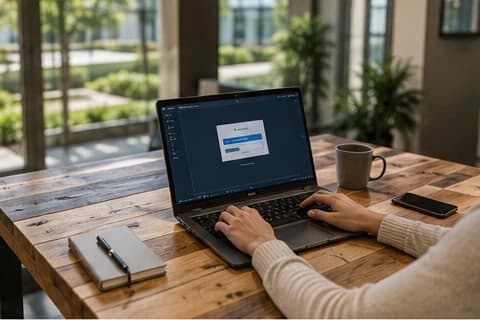 Hands typing on a laptop showing a secure administrator sign-in screen on a wooden desk beside a notebook and coffee cup