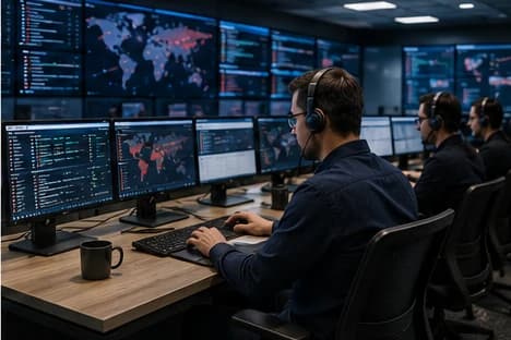 Security operations centre with analysts at desks in front of large screens showing a world threat map and live log feeds