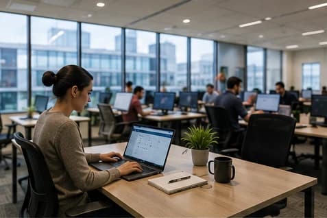 Employee working at a laptop in a bright open-plan office with colleagues at desks along a window wall behind