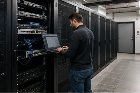 Engineer with a laptop working at a rack of network equipment in a facility corridor lined with cabinets
