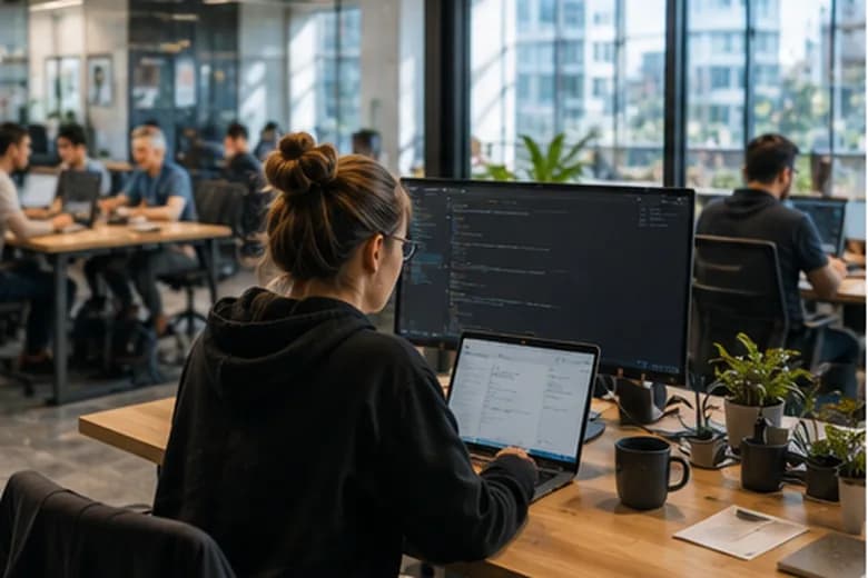 Open engineering workspace where developers work at multi-monitor desks beside a floor-to-ceiling city-facing window