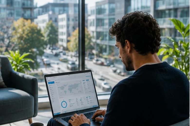 Employee working remotely from an apartment window seat, reviewing a network performance dashboard on a laptop with the city outside