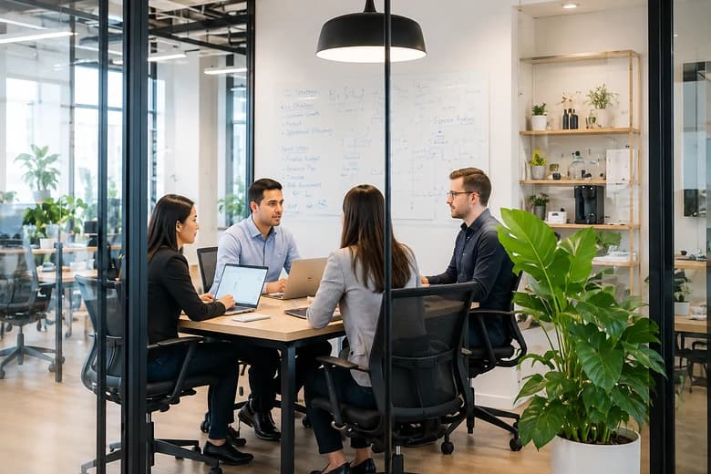 Four colleagues meeting in a glass-walled room off an open-plan office, laptops on the table and a quarterly plan sketched on the whiteboard behind them