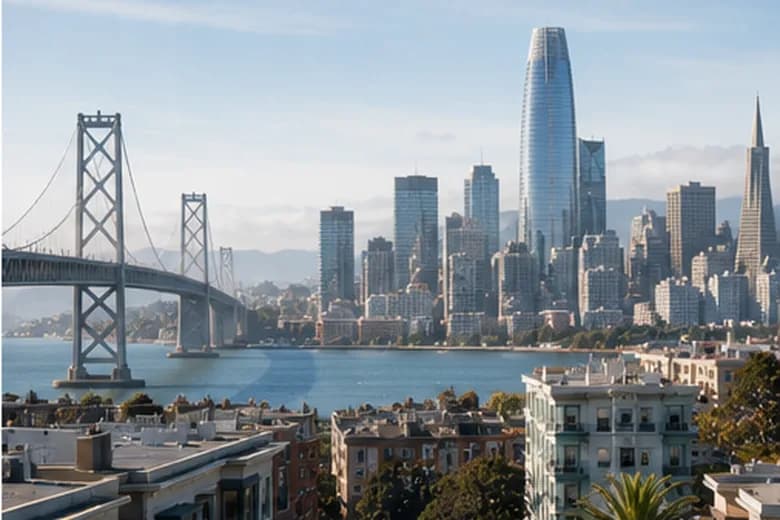Elevated view across the San Francisco skyline and the Bay Bridge, with rooftops of the surrounding neighbourhood in the foreground
