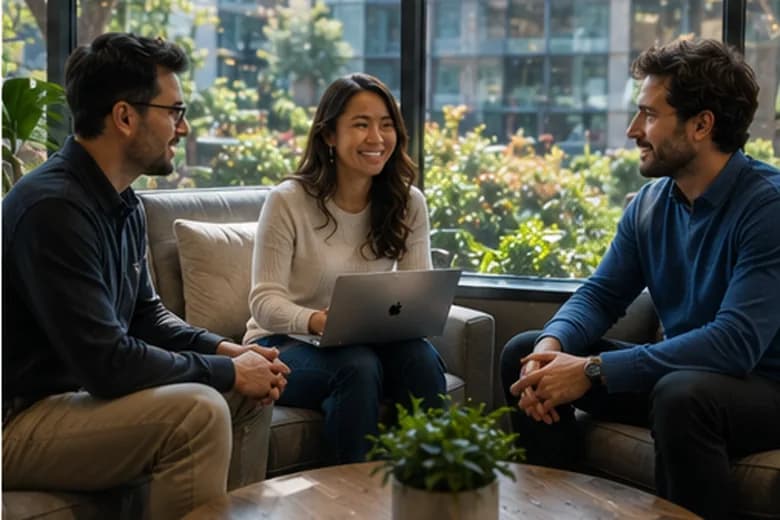 Three colleagues talking through a rollout plan on a laptop while seated on a sofa in a bright garden-facing lounge