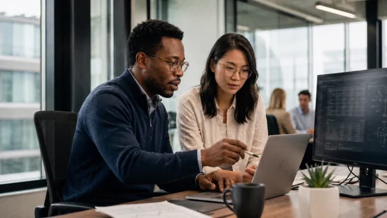Two engineers reviewing model output and analytics across a laptop and desktop monitor in a bright office