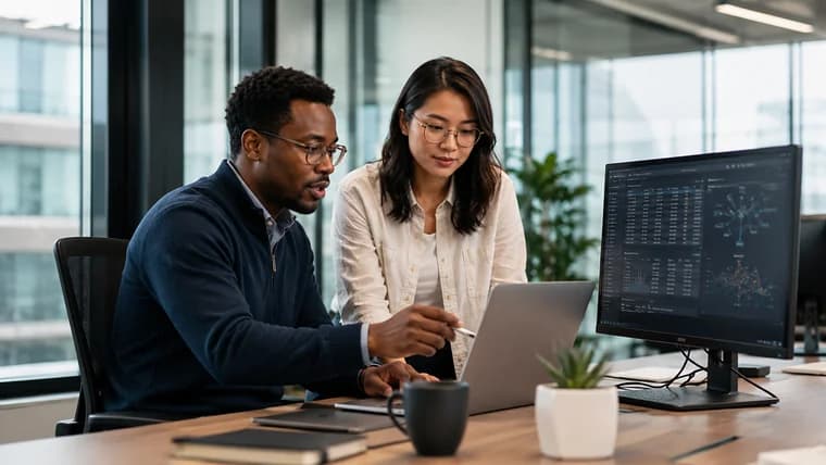 Two engineers reviewing model output and analytics across a laptop and desktop monitor in a bright office