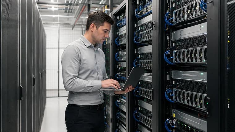 Infrastructure engineer working from a laptop beside racks of servers in a data centre aisle