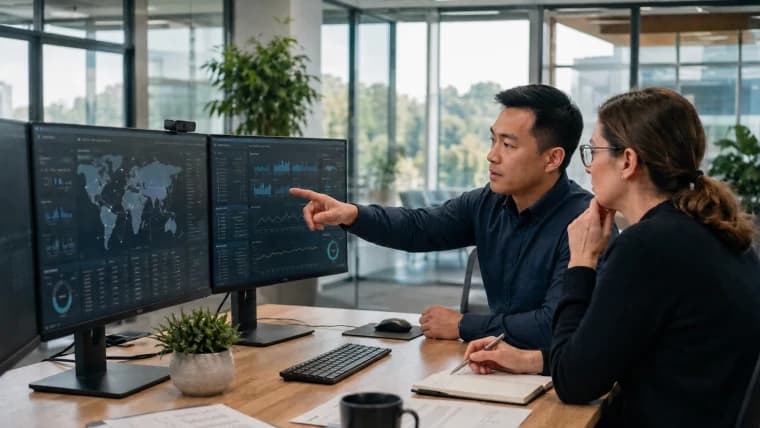 Two colleagues reviewing a multi-site network dashboard with a world map across dual monitors