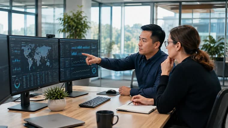 Two colleagues reviewing a multi-site network dashboard with a world map across dual monitors