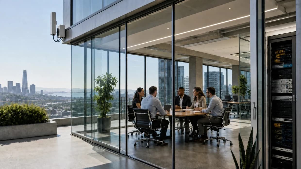 Rooftop wireless radio and a comms cabinet of patched network equipment flanking a glass-walled meeting room, with the city and bay beyond