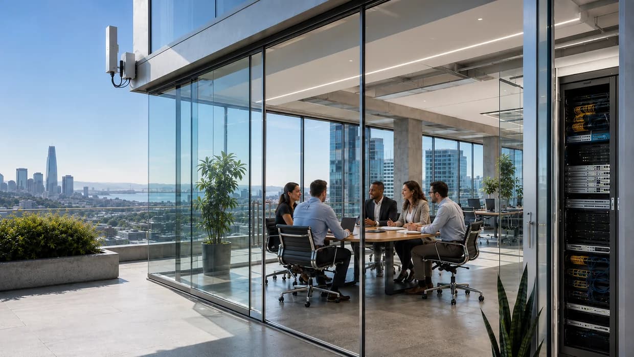 Rooftop wireless radio and a comms cabinet of patched network equipment flanking a glass-walled meeting room, with the city and bay beyond