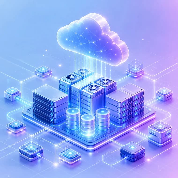 Isometric illustration of GPU and storage infrastructure connected to a cloud, representing WiLine AI IaaS