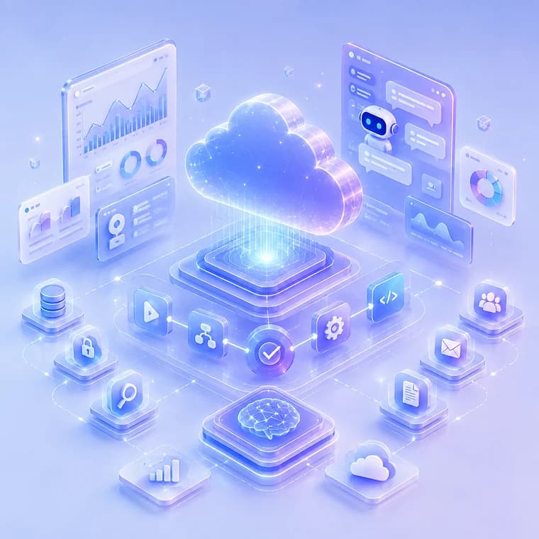 Isometric illustration of cloud applications, inference and communication services, representing WiLine AI SaaS