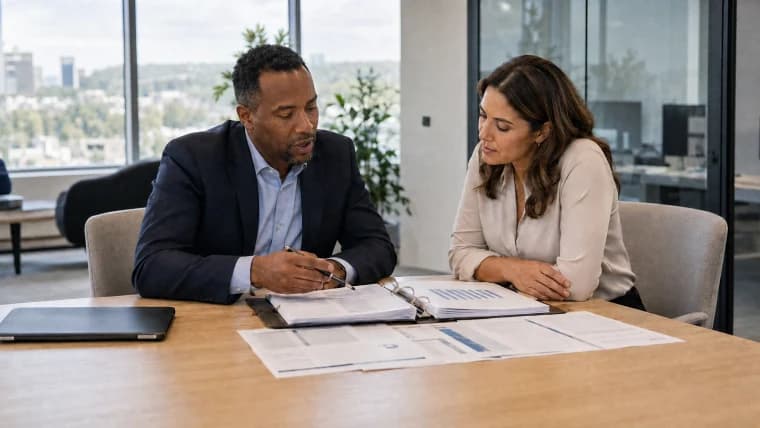 Two colleagues working through a printed compliance file and supporting reports across a meeting table