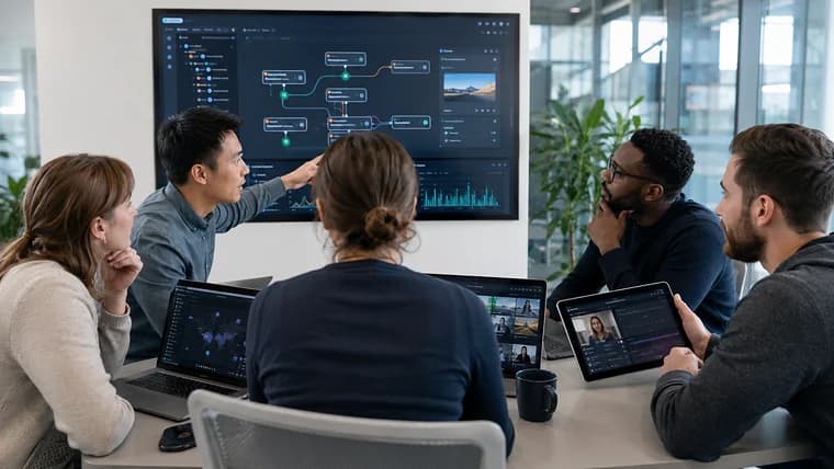 Team reviewing an AI pipeline diagram on a wall display with live video participants and laptops open around the table
