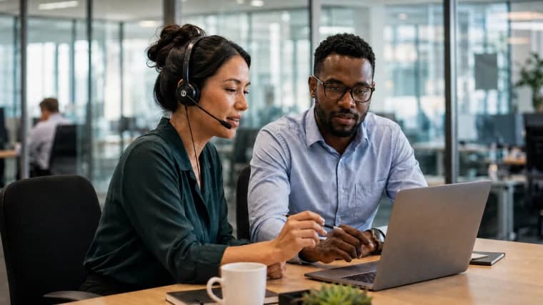 Contact centre agent wearing a headset reviewing a customer conversation on a laptop with a colleague