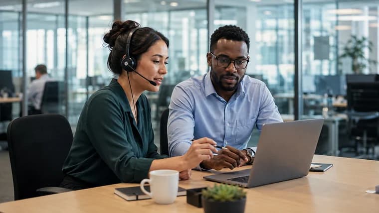 Contact centre agent wearing a headset reviewing a customer conversation on a laptop with a colleague
