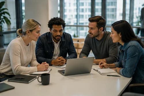 Four colleagues gathered around a table with a laptop reviewing work together in a bright office