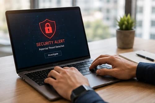 Laptop screen showing a red security alert warning that a potential threat has been detected, with an investigate action