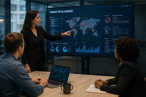 Analyst presenting a threat intelligence dashboard on a large screen to colleagues seated with laptops