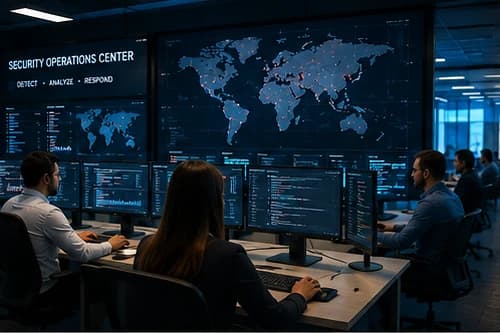 Security operations centre floor with analysts at desks in front of a wall display headed security operations center showing a world threat map
