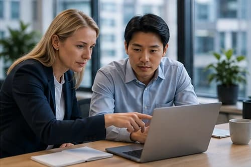 Two colleagues working through a security configuration together on a laptop at a desk with a city view