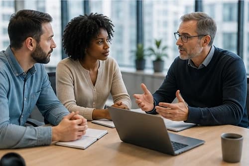 Three colleagues in discussion around a table with a laptop, reviewing security strategy in a bright meeting space